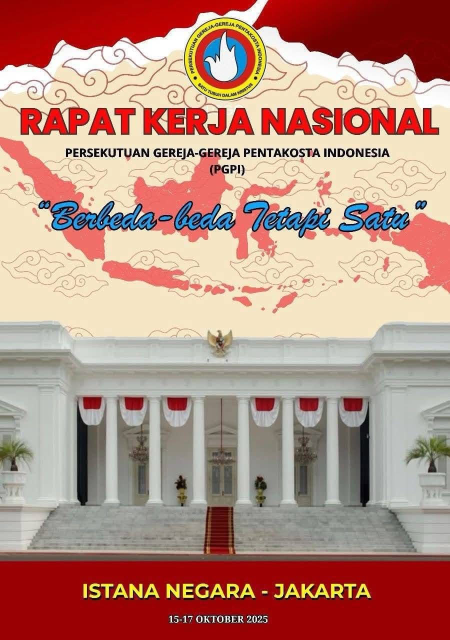 Spanduk resmi Rakernas PGPI 2025 (Rapat Kerja Nasional Persekutuan Gereja-gereja Pentakosta Indonesia) menampilkan paduan warna merah, putih, dan krem dengan peta Indonesia di latar belakang. Di bagian atas terdapat logo PGPI dengan simbol api dan burung merpati, serta tulisan besar berwarna merah “RAPAT KERJA NASIONAL”. Tema utama “Berbeda-beda Tetapi Satu” ditulis dalam huruf biru bergaya kaligrafi di tengah spanduk. Bagian bawah menampilkan gambar Istana Negara dengan pilar putih dan bendera merah putih, serta keterangan tempat dan tanggal kegiatan: Istana Negara – Jakarta, 15–17 Oktober 2025. Desain elegan ini menggambarkan semangat kebangsaan, kerukunan antar gereja, dan momentum bersejarah pelantikan Pdt Max Meiruntu sebagai Ketua PGPI Australia pada Rakernas PGPI 2025.
